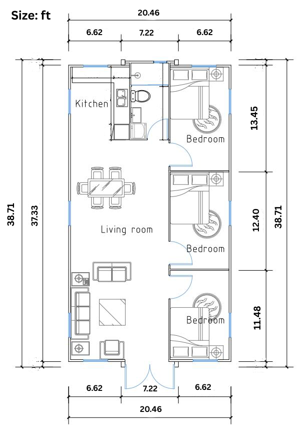 TS-144 Turnkey Prefab Mobile Home With 3 Bedrooms (800 sq ft)